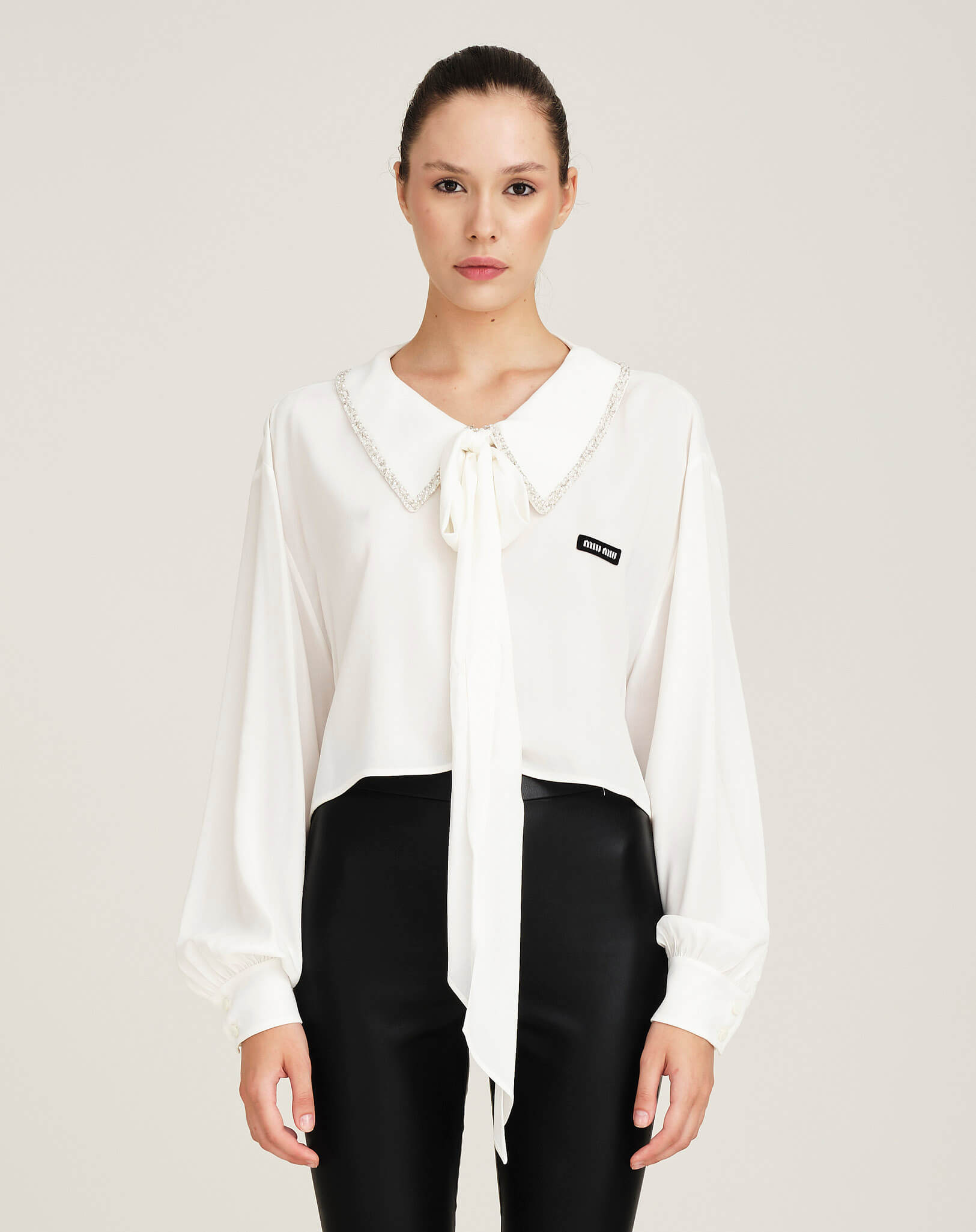 Miu Miu - Crystal Embellished Collar Crop Shirt IT42